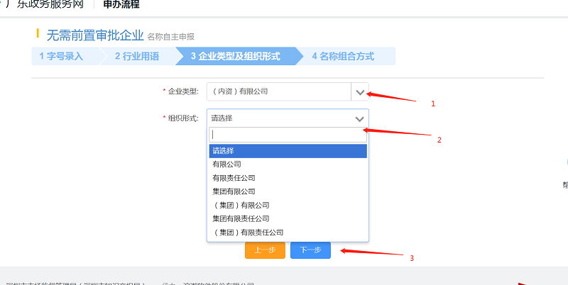 選擇相應(yīng)的“企業(yè)類型”“組織形式”，點(diǎn)擊“下一步”。